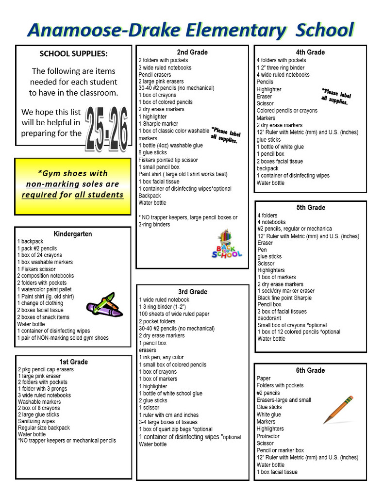 ADES 2025-2026 school supplies list