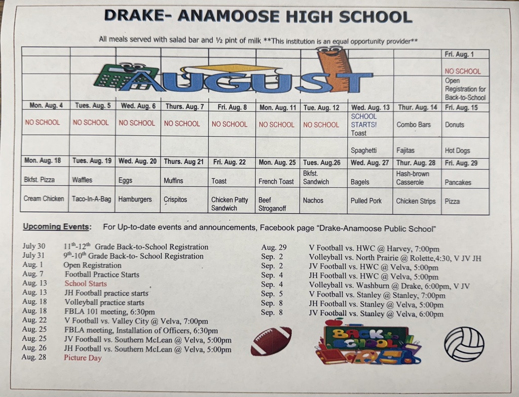 Drake -Anamoose High School August Menu & Activities Calendar