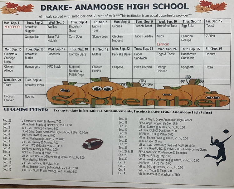 Drake Anamoose High School September Menu and Activities Calendar 