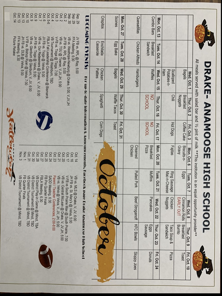 Drake Anamoose High School Menu & Activities Calendar