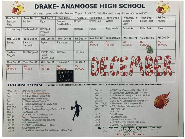 Drake Anamoose High School December menu and activities calendar.