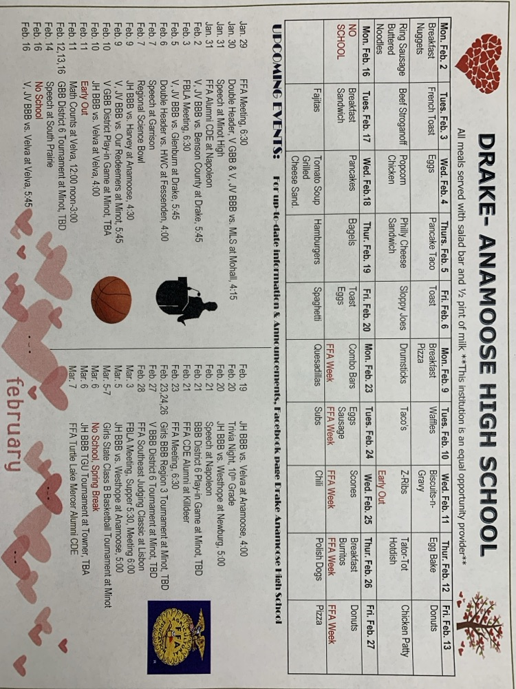 Drake Anamoose High School February Menu and Activities Calendar