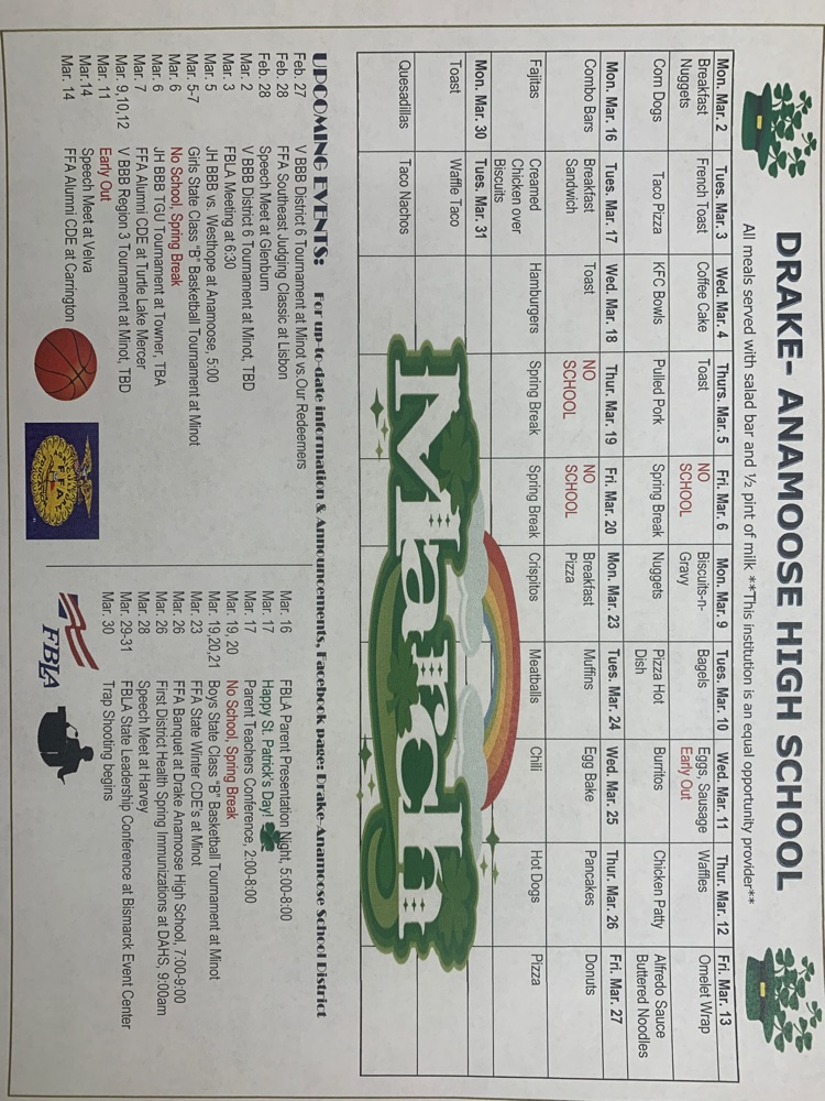 Drake Anamoose High School March Menu and Activities Calendar.