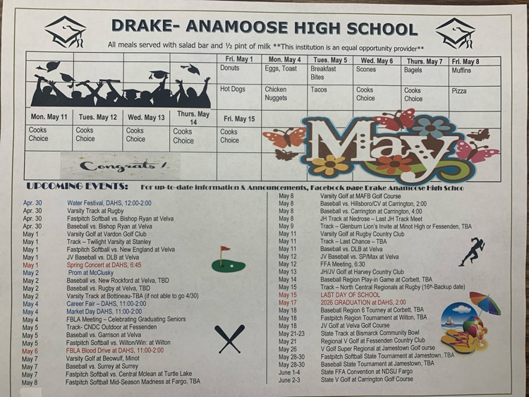 Drake Anamoose High School May Menu & Activities Calendar 