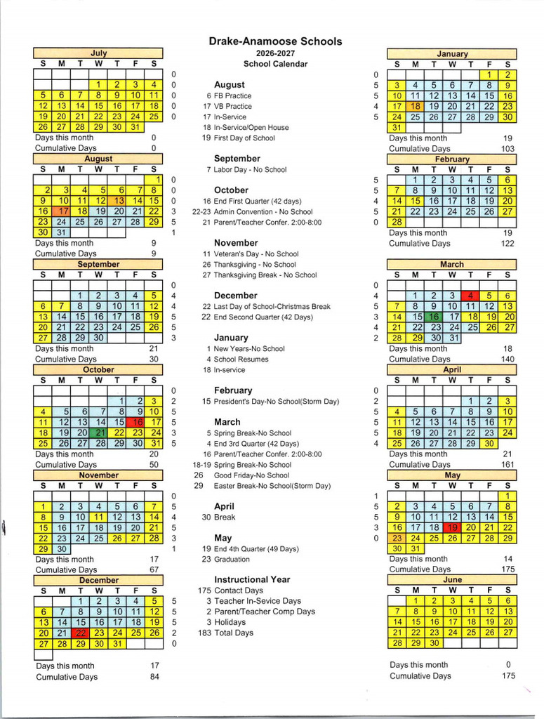 Drake-Anamoose Schools 26-27 calendar