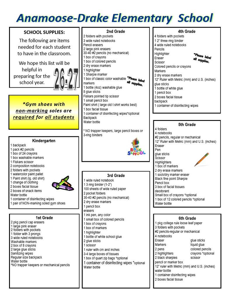 Anamoose-Drake Elementary school supply list 26-27