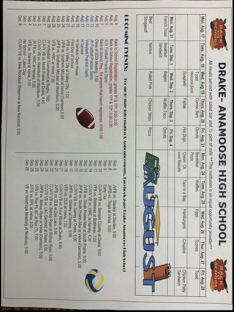 Drake Anamoose High School August Activities and Lunch Menu.