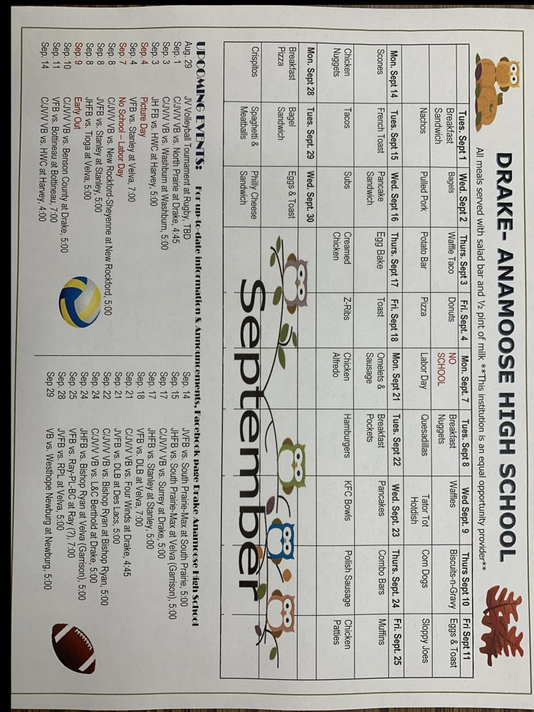 Drake Anamoose High School September Menu and Activities Calendar. 