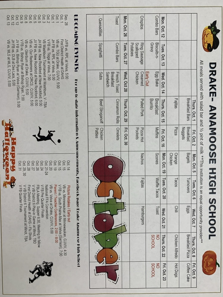 Drake Anamoose High School October Menu and Activities Calendar