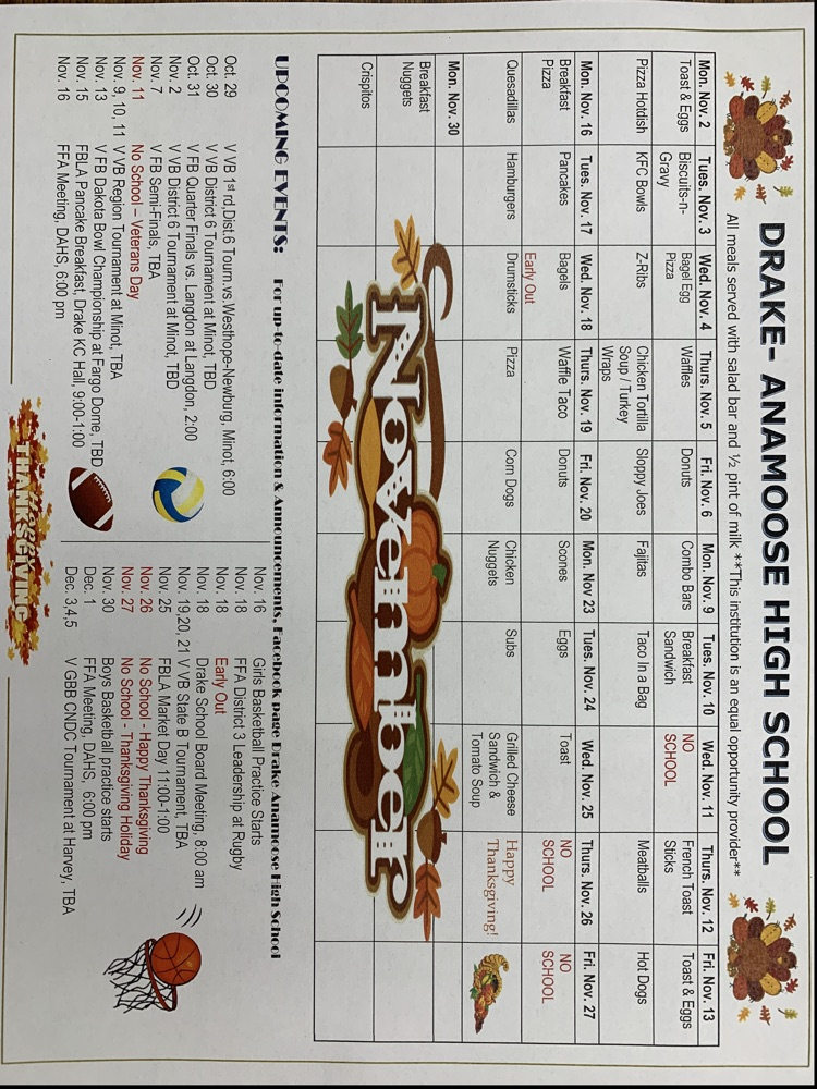 Drake Anamoose November Meals and Activities Calendar
