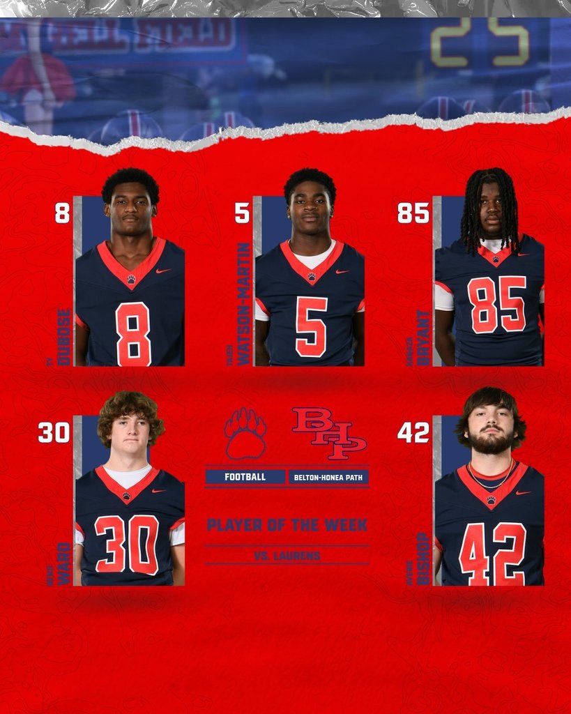 Players of the week vs Laurens 43-10 Offense - Tajeh Watson-Martin Defense - Ty Dubose Lineman - Kanaza Bryant Special Teams - Benji Ward