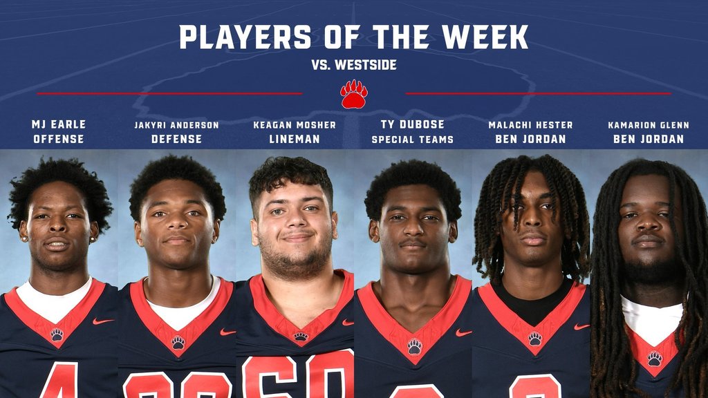 Players of the week vs Westside Bears win 42-6 Offense - MJ Earl Defense - Jakyri Anderson Lineman - Keagan Mosher Spec Teams - Ty Dubose Ben Jordan - Malachi Hester/Kamarion Glenn