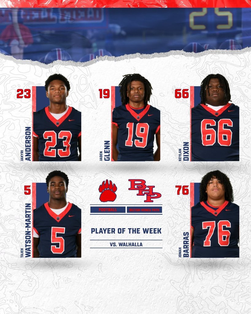 Congratulations to the Players of the Week vs. Walhalla. Go Bears! BHP 62-Walhalla 7 Offense - Jaden Glenn Defense - Jakyri Anderson Lineman - Keylan Dixon Special Teams - Tajeh Watson-Martin Ben Jordan - Jonah Barras