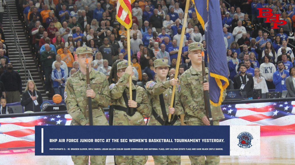 BHP Air Force Junior ROTC presenting the Nation's Colors at the SEC Women's Basketball Tournament yesterday. Participants (L - R): Braiden Glover, Rifle Barer;  Logan Gillum (Color Guard Commander and National Flag); Amy Allman (State Flag) and Kade Black (Rifle Barer). 