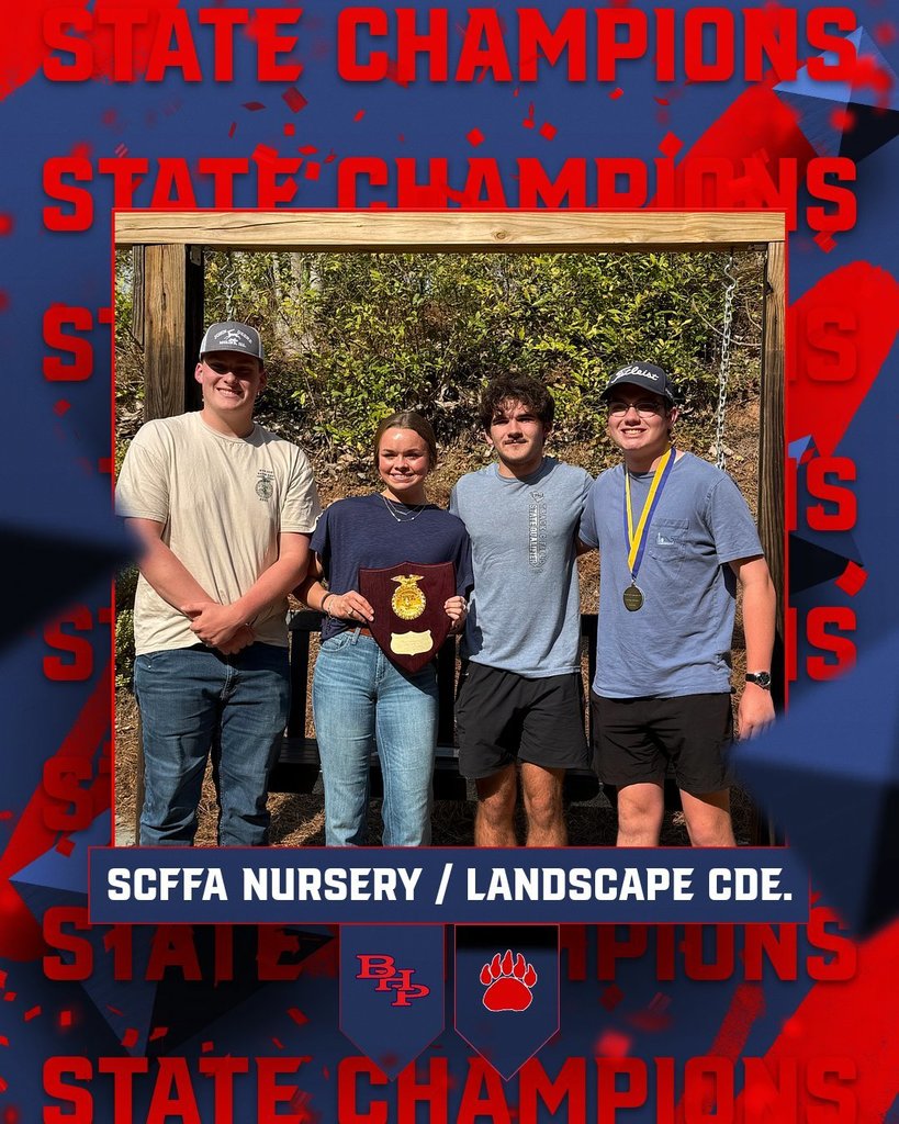 BHP FFA is back-to-back state champions in the SCFFA Nursery / Landscape CDE. Boone Hanks was recognized as the contest’s 1st high overall individual. Team members (L to R) were McCray Pruitt, Emma Taylor, Ben Tollison, and Boone Hanks.