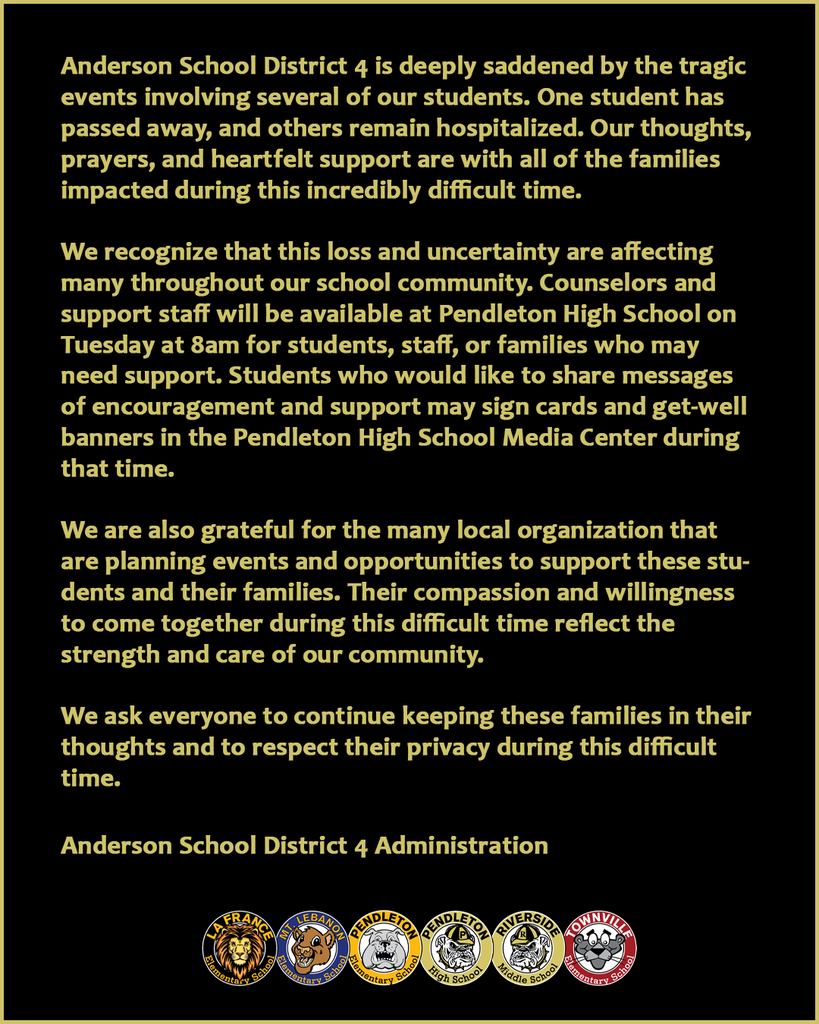 Message regarding a student tragedy
