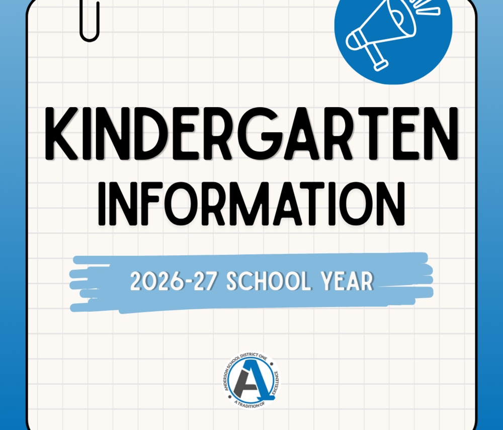 A graphic that is a notepad with a megaphone that says 'Kindergarten Information 2026-27 School Year' with the Anderson One logo on it