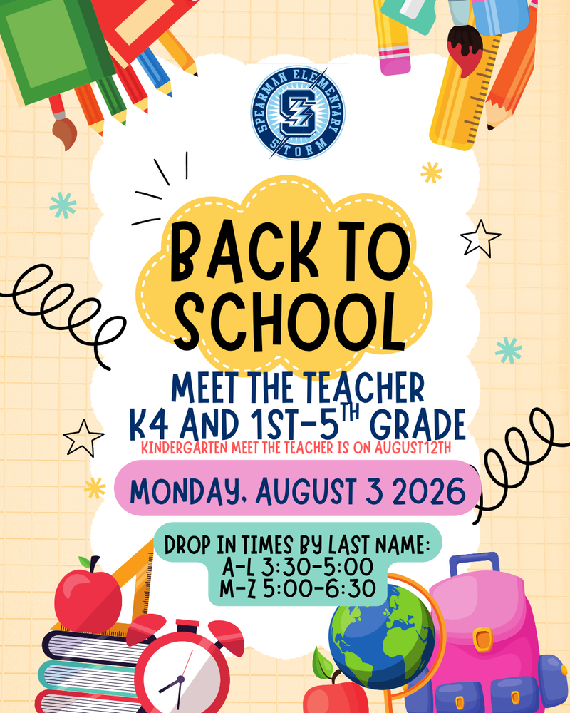 Back to school meet the teacher graphic. colorful school supplies. monday, august 3, 2026 drop in times by last name