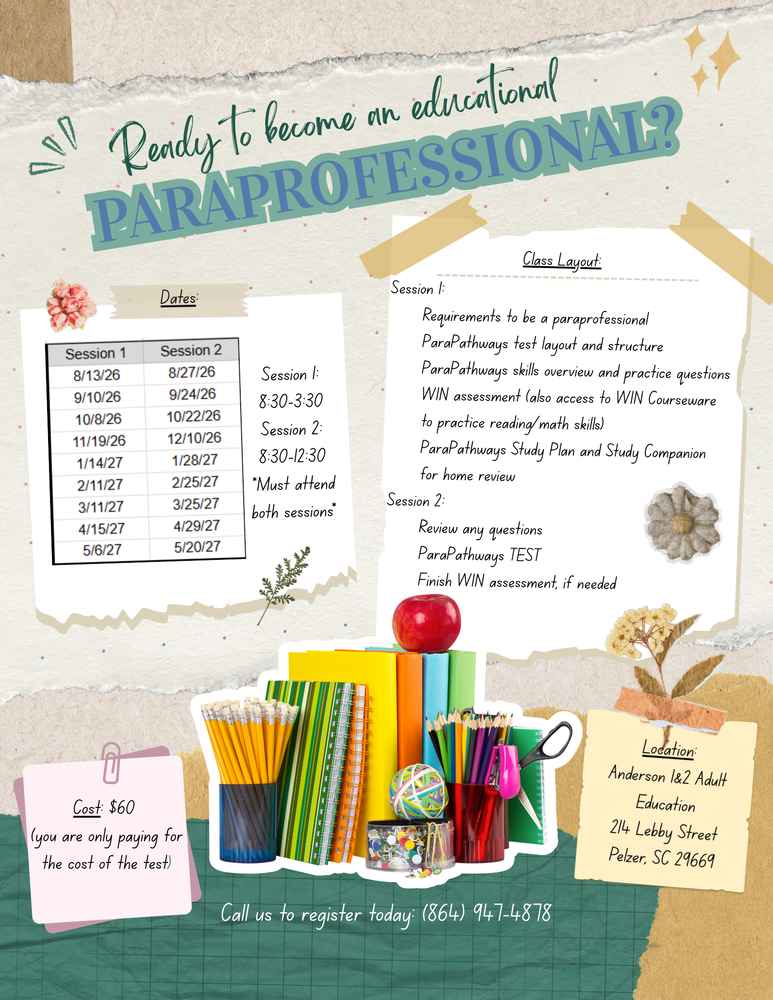 image of a flyer for the paraprofessional class. All information written in text content.