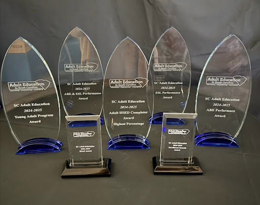 A photo of 7 award plaques received by the Anderson 1 & 2 Adult Education Program
