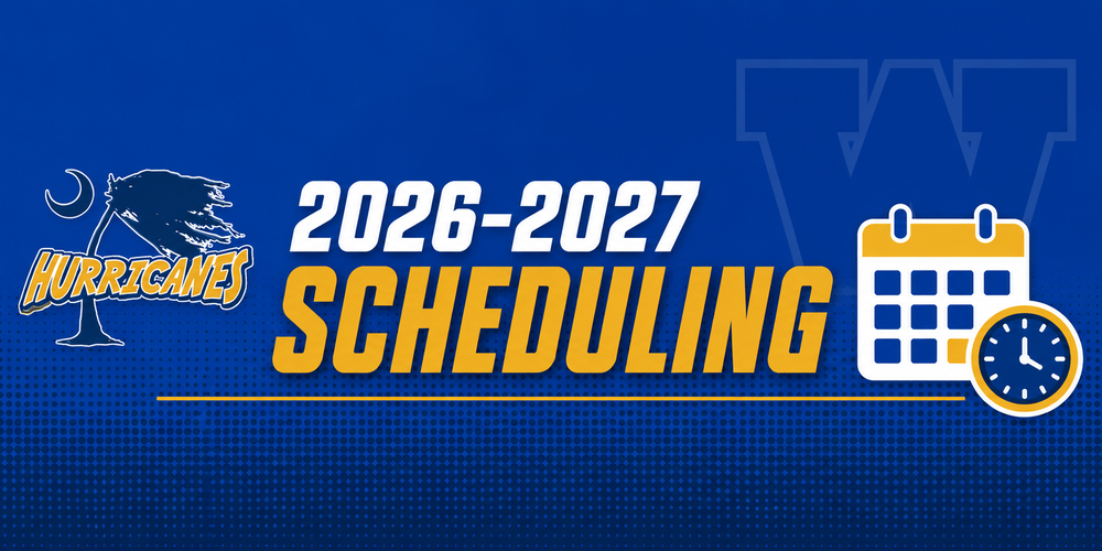 ADA Alt Text: Blue and gold Wren High School banner graphic labeled “2026–2027 Scheduling.” The left side features the Hurricanes logo with a windswept tree and crescent moon. Large white and gold text in the center reads “2026–2027 Scheduling.” The right side includes a calendar and clock icon representing scheduling and important dates. The background uses a royal blue gradient with a subtle dotted pattern and a faint oversized “W” watermark.