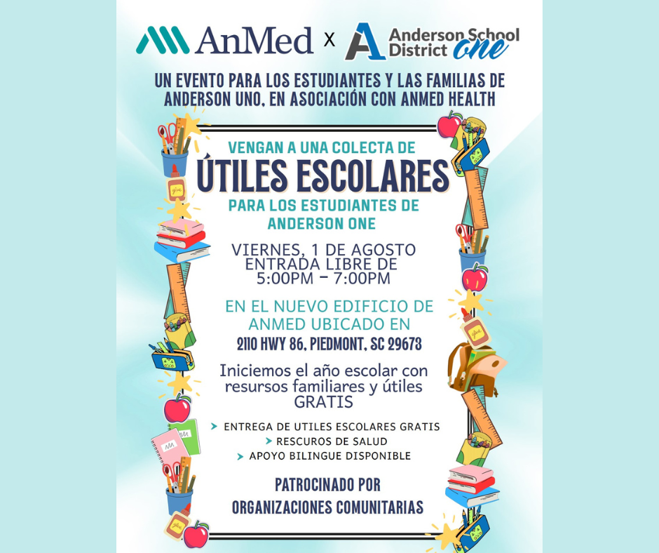 Anderson One is partnering with AnMed for a school supply distribution and health fair on August 1. We are accepting school supply donations and new shoes for students ahead of the upcoming school year. Visit the District Office to pick up a student card with a shoe size on it or to drop off donations. 