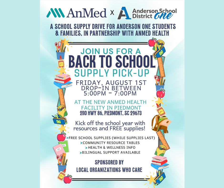 Anderson One is partnering with AnMed for a school supply distribution and health fair on August 1. We are accepting school supply donations and new shoes for students ahead of the upcoming school year. Visit the District Office to pick up a student card with a shoe size on it or to drop off donations. 