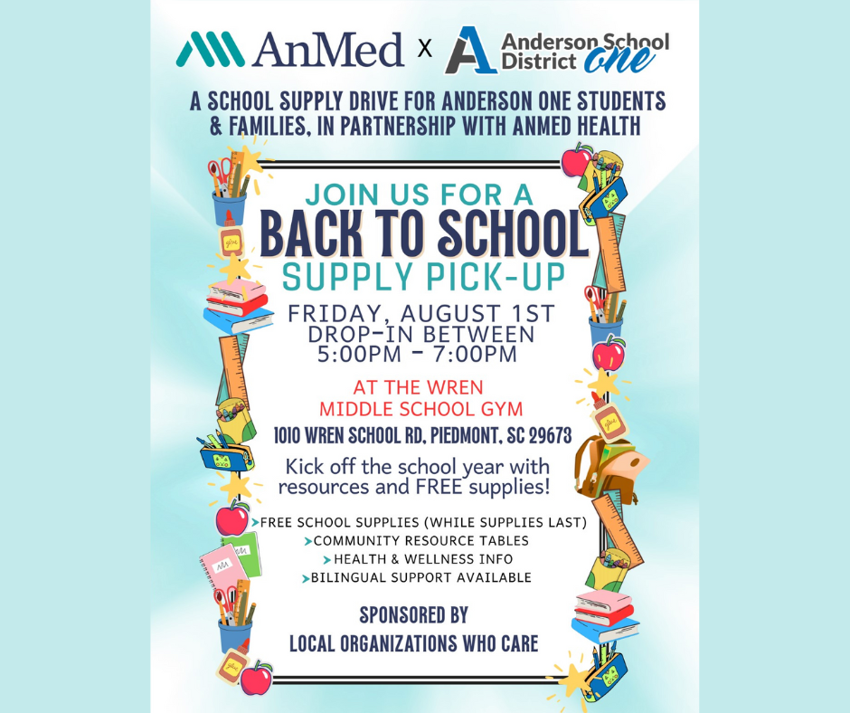 Due to the forecast for Friday, the back to school supply drive will be held at Wren Middle School from 5-7 p.m. on August 1. There will be several resources and school supplies available.