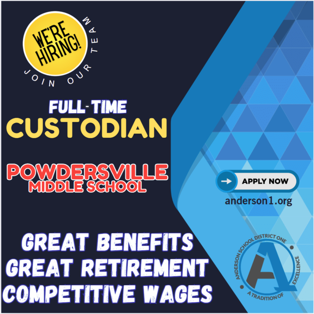 We're hiring a full-time custodian at Powdersville Middle School. The job includes benefits, retirement, and competitive wages. Apply at Anderson1.org