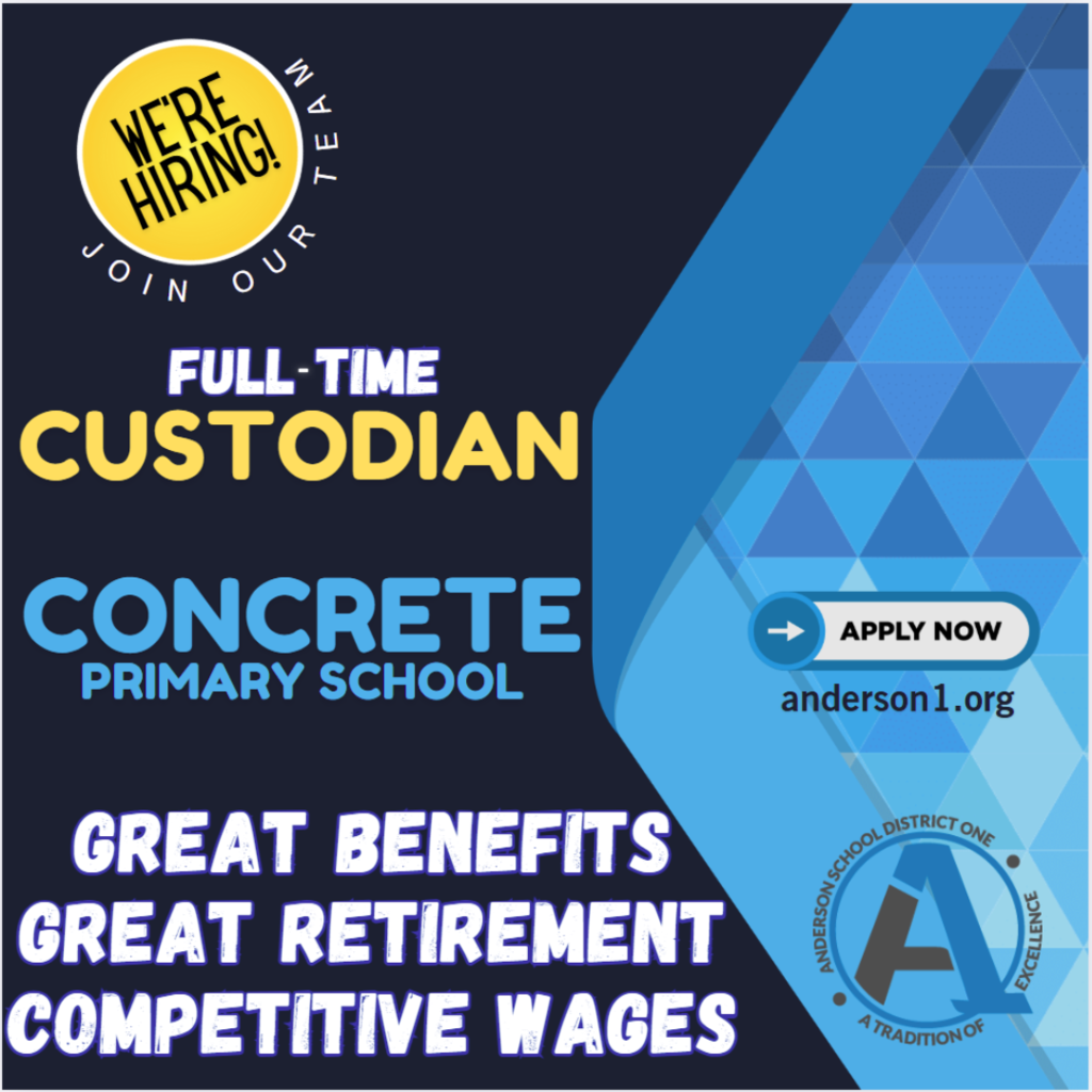 We're hiring a full-time custodian at Concrete Primary School. The job includes benefits, retirement, and competitive wages. Apply at Anderson1.org