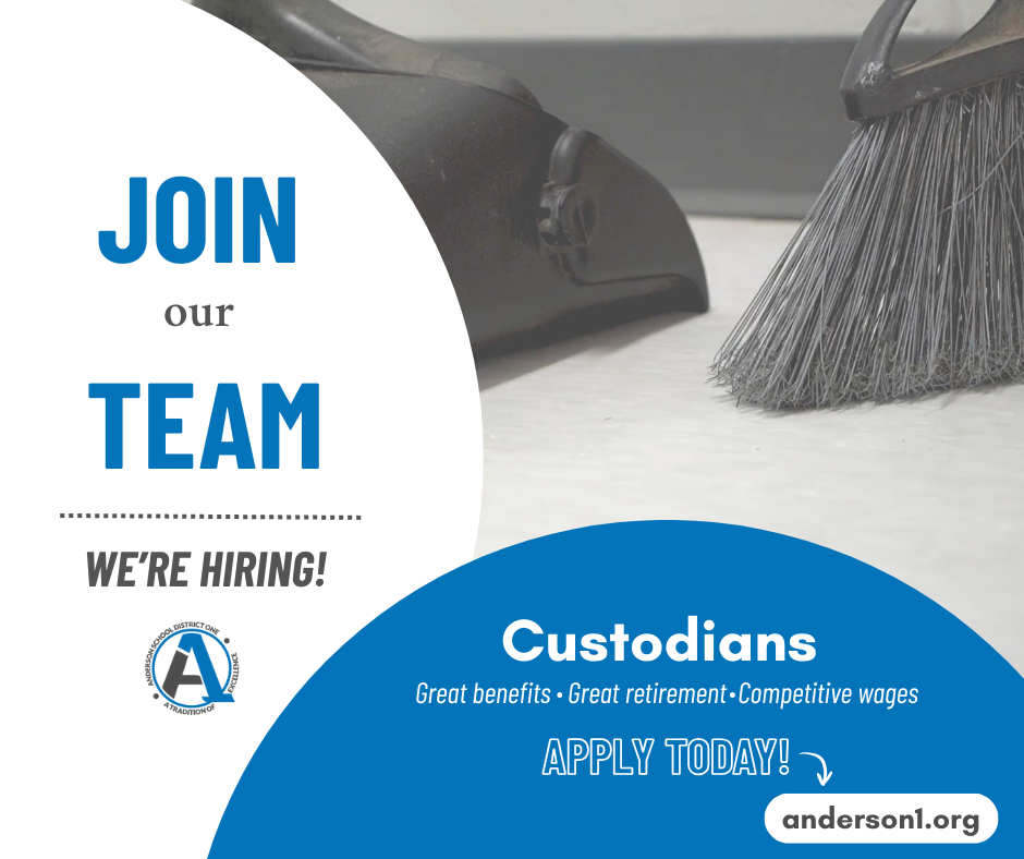 Join our team. We're hiring custodians! Great benefits, great retirement, and competitive wages. Apply today at anderson1.org