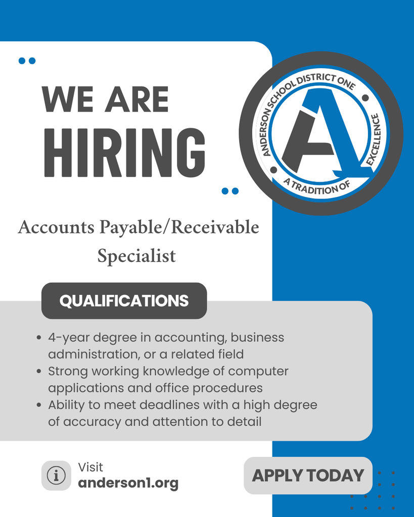 Anderson One is hiring an accounts payable/receivable specialist. The qualifications include a 4 year degree in accounting, business administration, or a related field; strong working knowledge of computer applications and office procedures; and the ability to meet deadlines with a high degree of accuracy and attention to detail. Visit anderson1.org for information and to apply today.