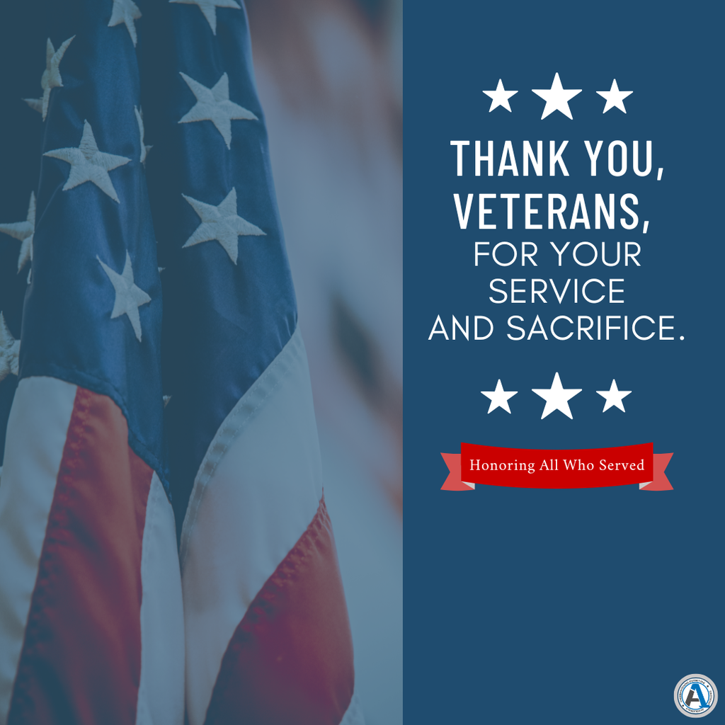 A photo of the American flag with the message: Thank you, veterans, for your service and sacrifice.