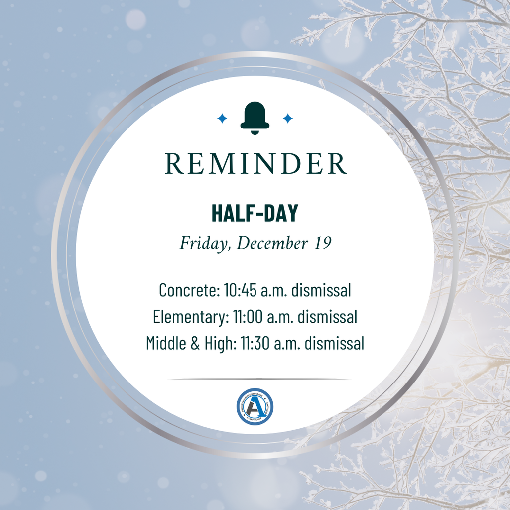 Reminder: there will be a half-day on Friday, December 19. The dismissal times are 10:45am for primary schools, 11 a m for elementary schools, and 11:30 am for middle and high schools.
