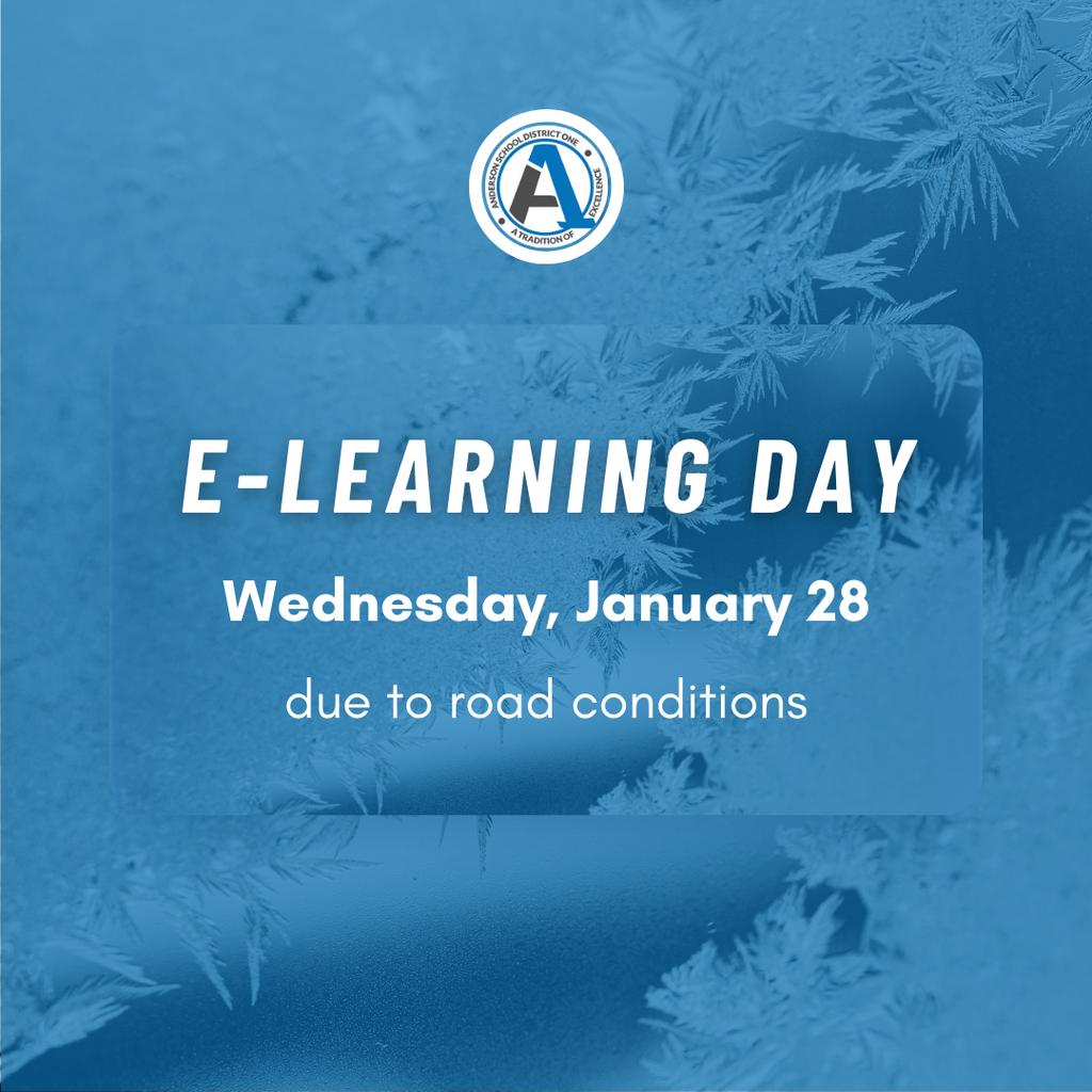 Anderson One logo with information about an eLearning Day . The eLearning day will be January 28 due to road conditions. 
