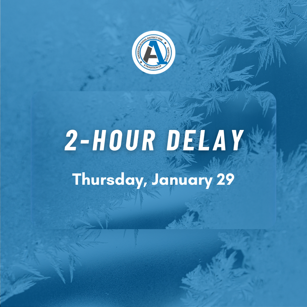 A winter weather photo of ice that says 2-hour delay on Thursday, January 29