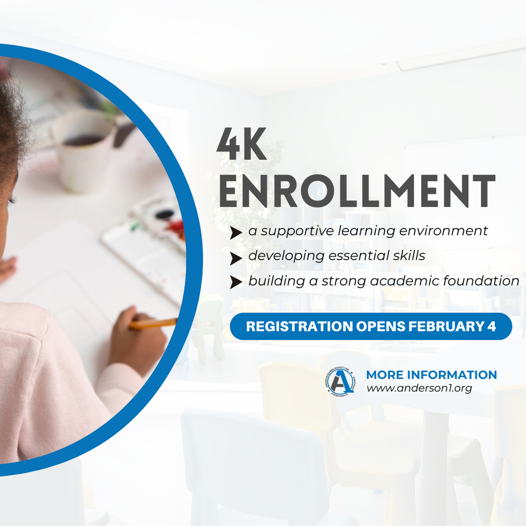 A photo of a 4k student and information that says 4K enrollment: a supportive learning environment, developing essential skills, and building a strong academic foundation