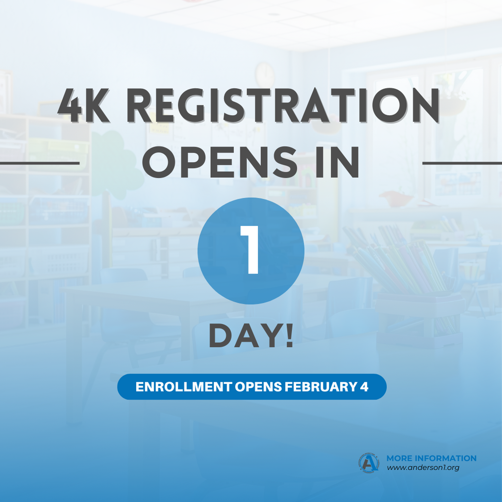 A classroom graphic letting people know that 4k registration opens in 1 day on february 4. 