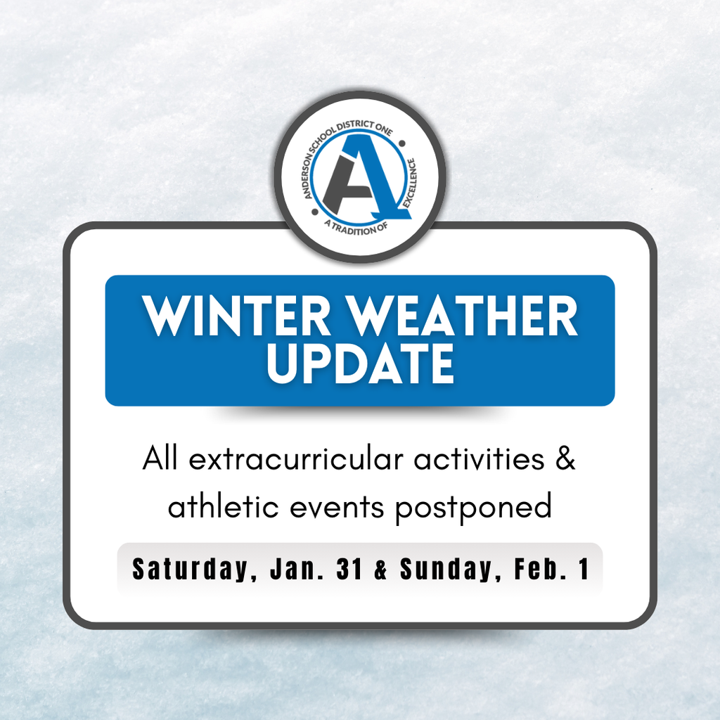 A snow photo with a winter weather update that says all extracurricular activities and athletic events are postponed on Saturday, January 31 and Sunday, February 1