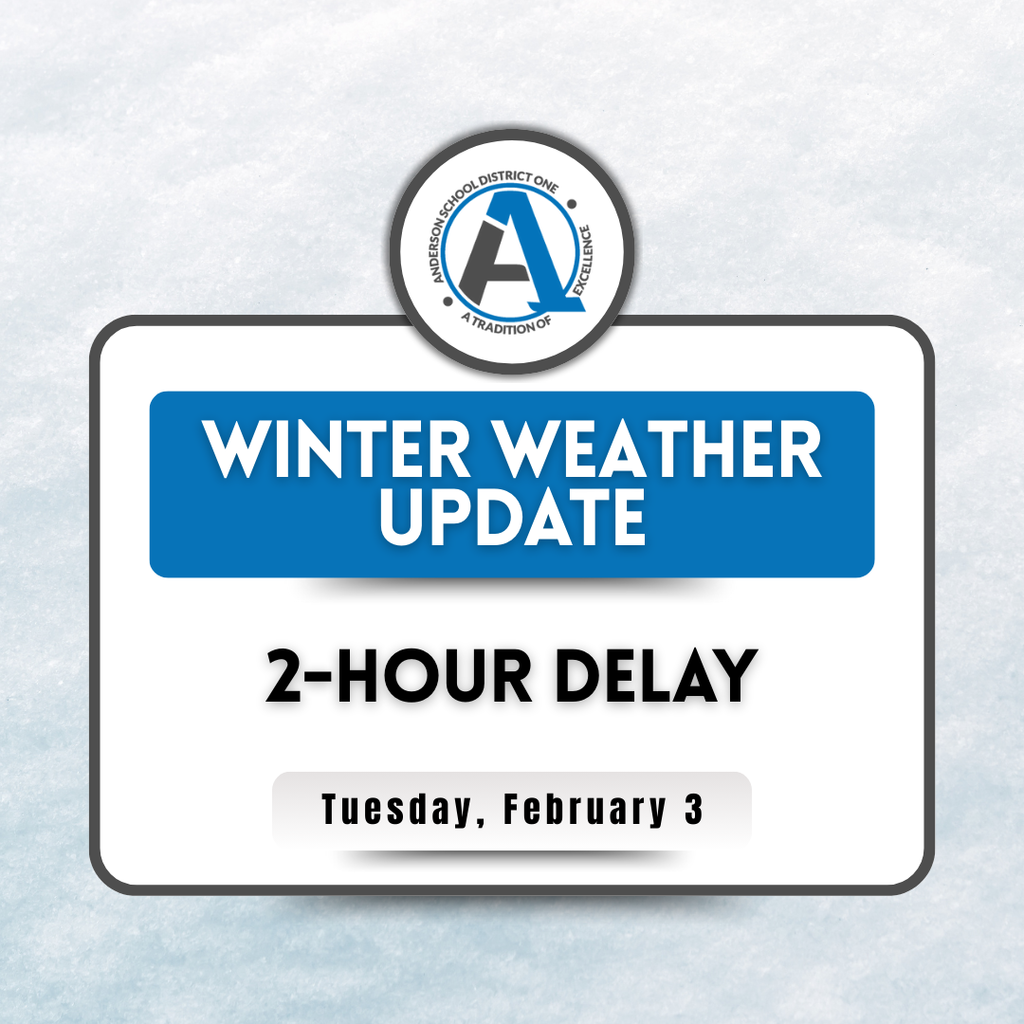 A picture of snow with a message about a two hour delay on Tuesday, February 3