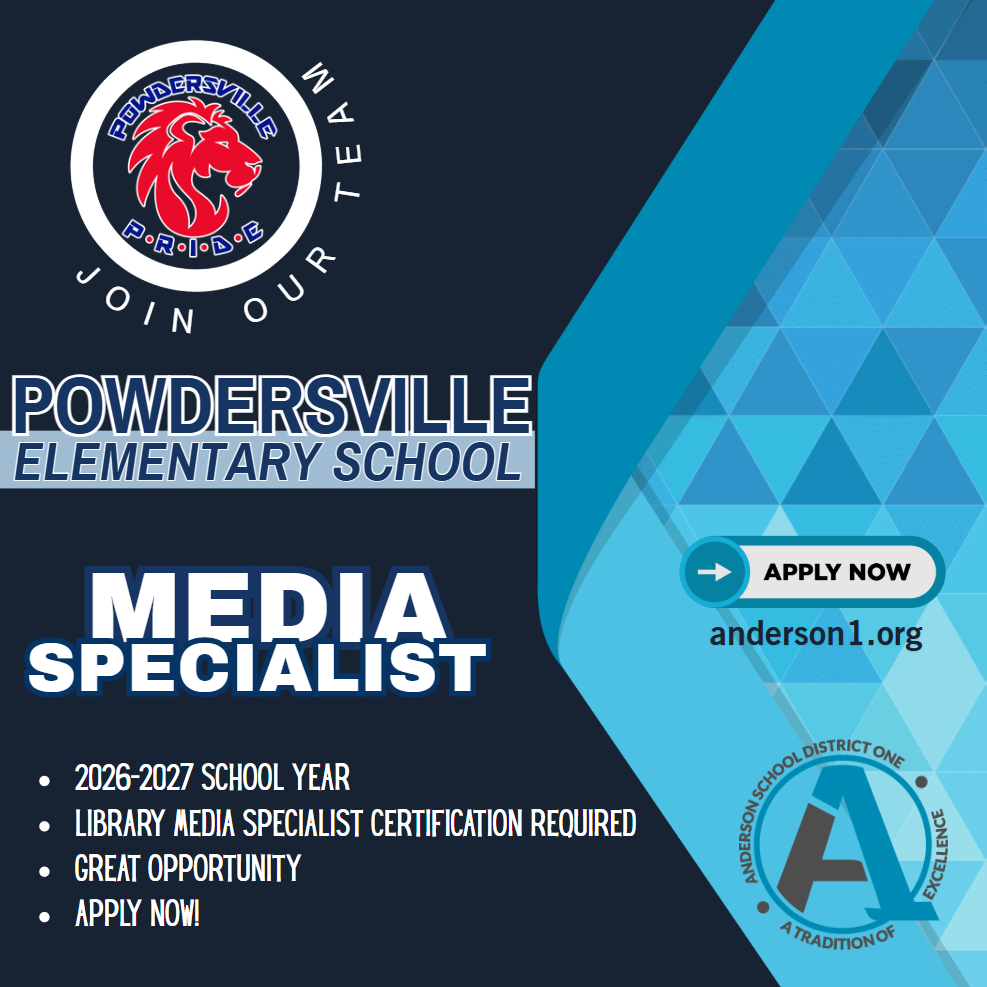 A graphic advertising a media specialist job open at Powdersville Elementary School. People should apply at anderson1.org