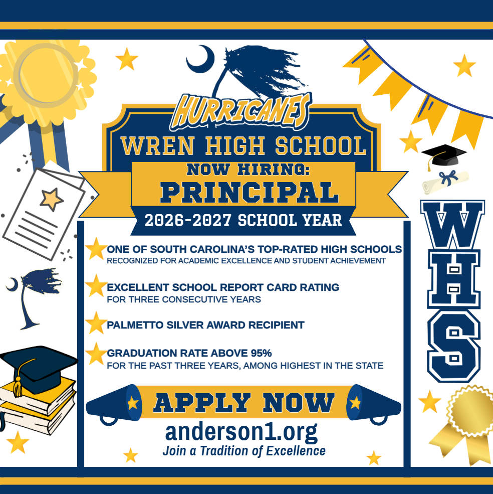 A graphic advertising for a job opening as the Principal of Wren High School. Apply at anderson1.org.