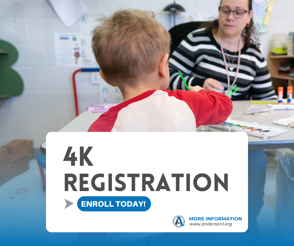 a photo of a 4k student with information about 4k registration. Enrollment is open at anderson1.org.