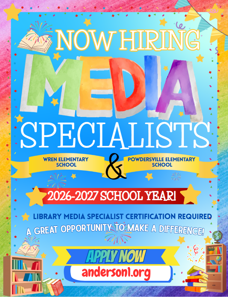 A school graphic with information about media specialist positions available at Wren Elementary and Powdersville Elementary. 