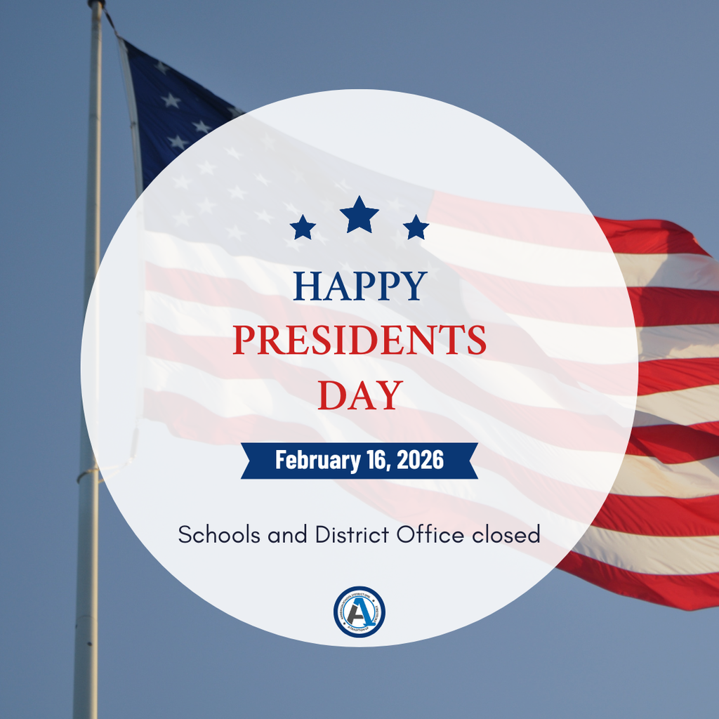 A picture of the American flag with a message about schools and offices being closed for Presidents Day