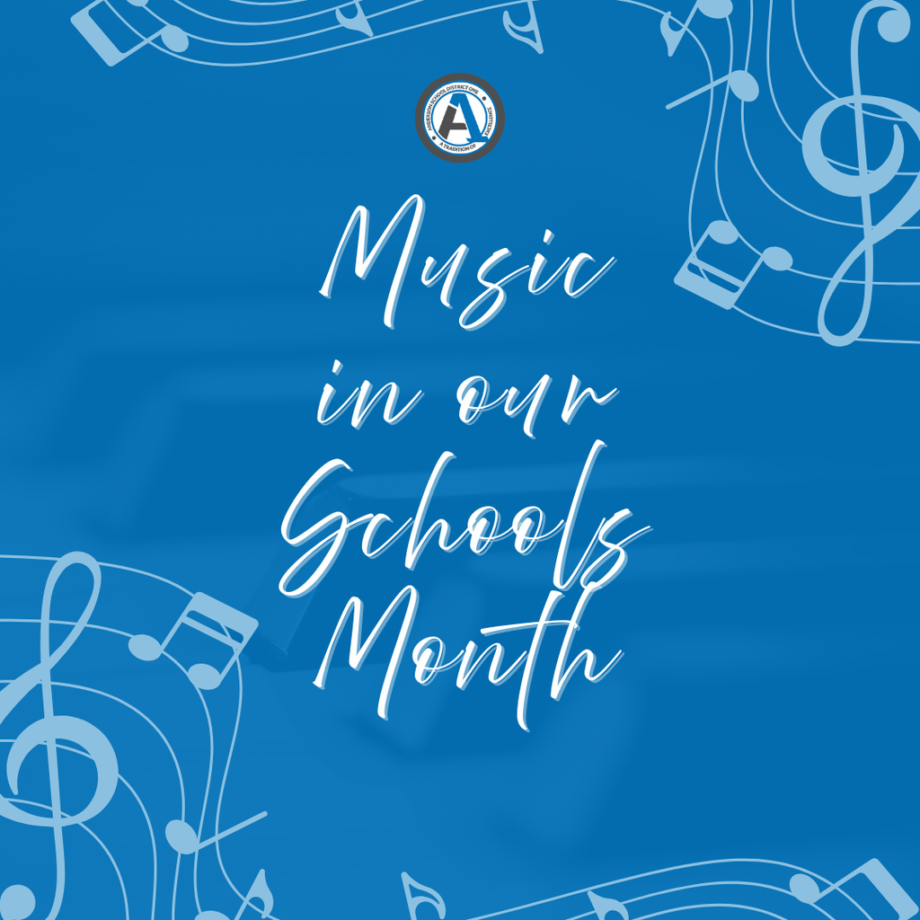 A photo with music notes on it that has the message 'Music in our Schools Month.'