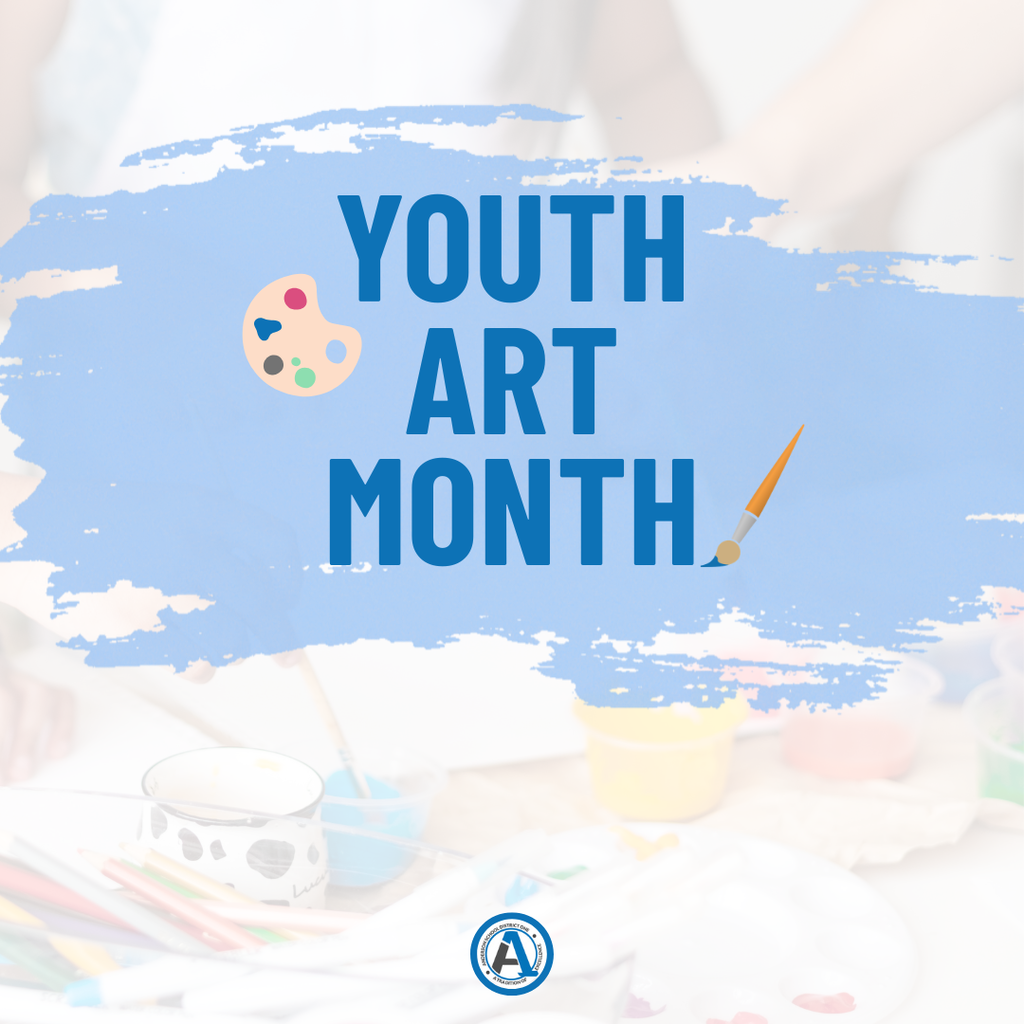 A photo of art materials with the words 'Youth Art Month' on it