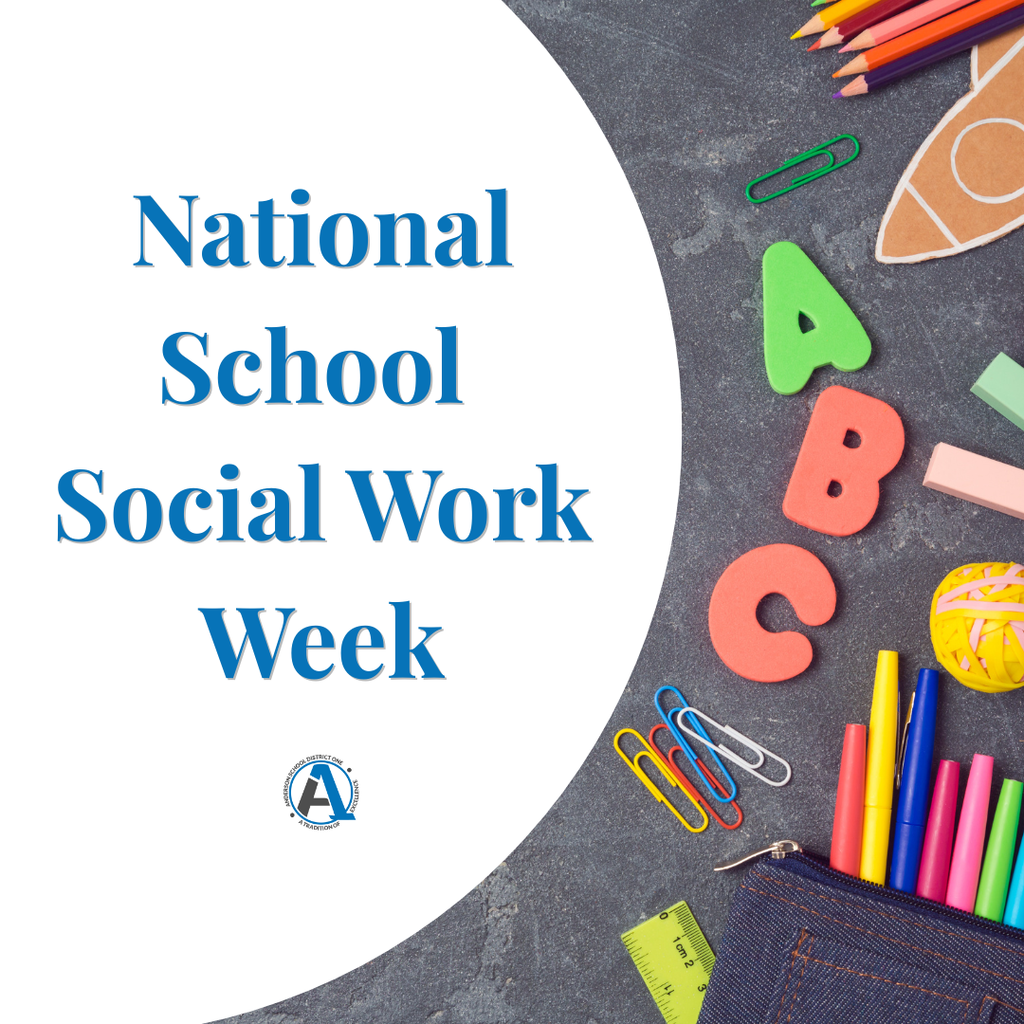 A photo of a blackboard with various school items with a message that says National School Social Work Week