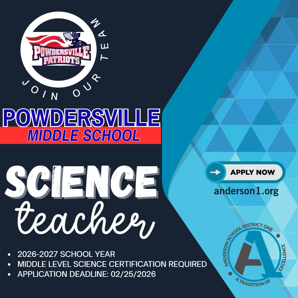 A graphic advertising for a science teacher opening for the 2026-2027 school year. People should apply at anderson1.org