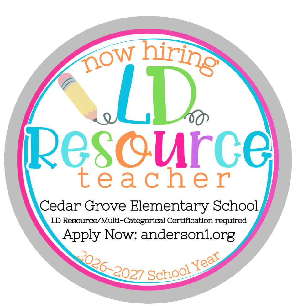 A job advertisement with a pencil on it that says now hiring LD Resource teacher at Cedar Grove Elementary School. Apply at anderson1.org